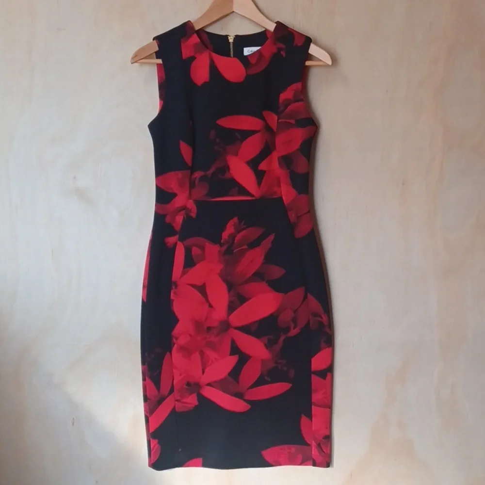 red and black calvin klein dress Calvin Klein Womens Floral Sleeveless Cocktail Dress Red 4